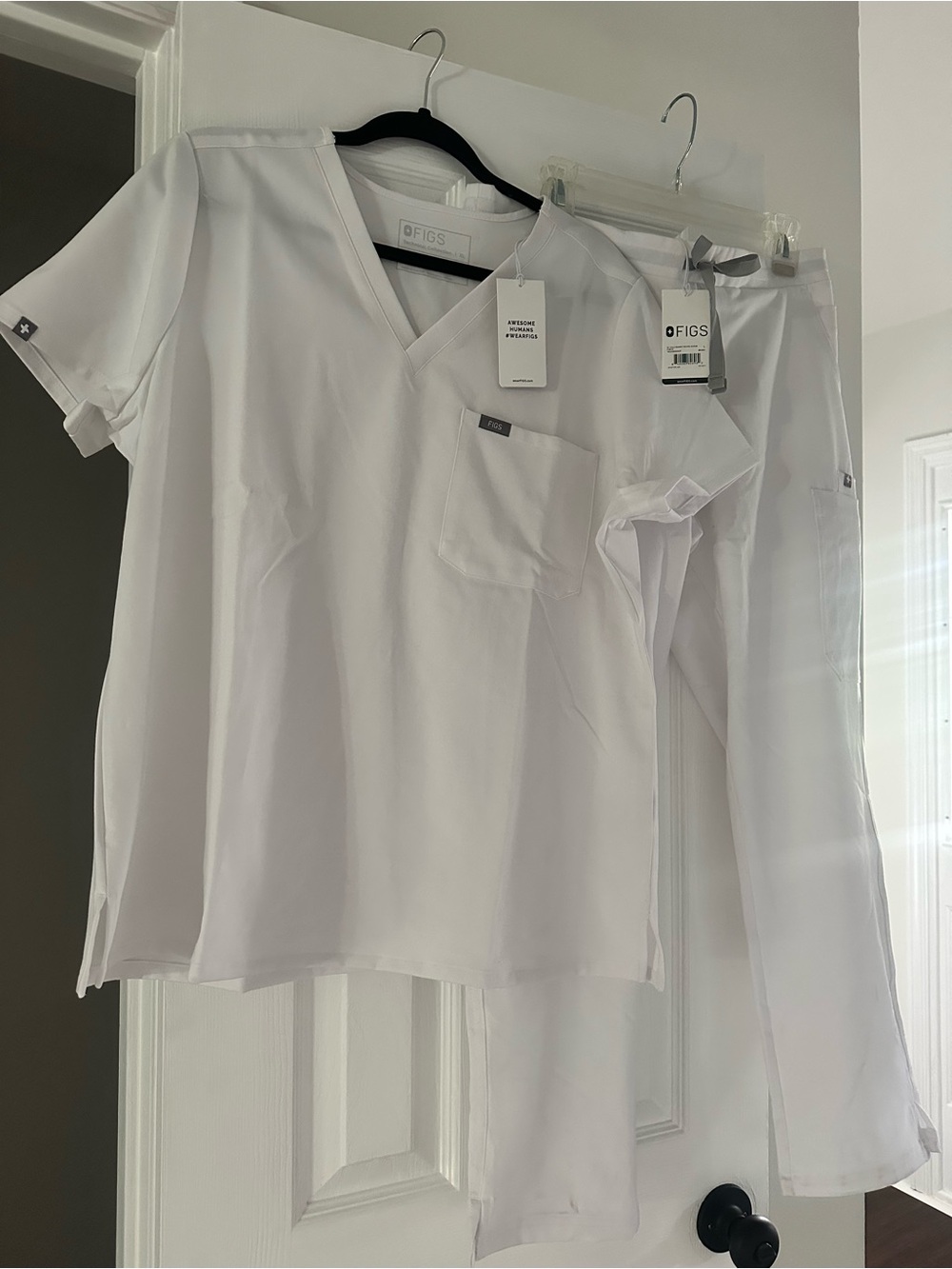 Figs White Scrub Set with Gray Drawstring Detail